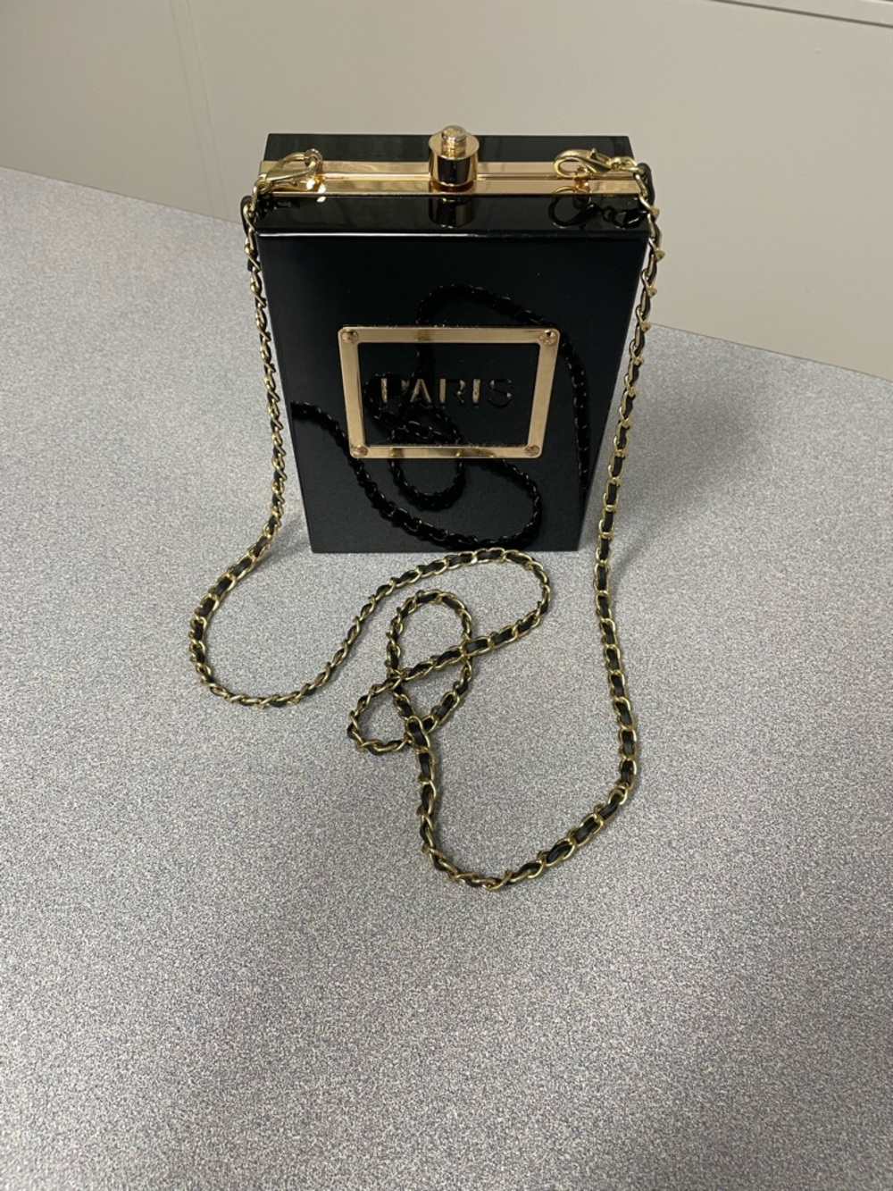 Acrylic Paris Perfume bag clutch evening bag with strap fun black and gold